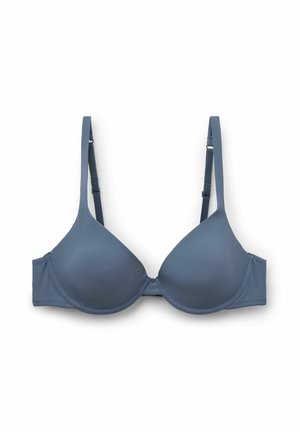 Soutien-gorge rembourré bleu clair avec bretelles réglables, texture lisse, forme moulée et design sans coutures pour une apparence soignée.