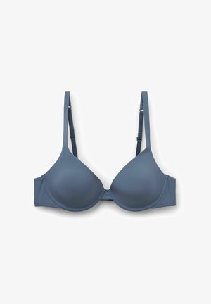 Hellblauer gepolsterter BH mit verstellbaren Trägern, glatter Textur, konturiertem Schnitt und nahtlosem Design für ein sauberes Erscheinungsbild.