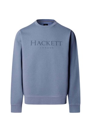 Felpa azzurro chiaro con scollo rotondo, maniche lunghe e la scritta "HACKETT LONDON" stampata sul petto in tonalità di blu abbinate.