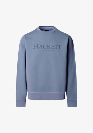 Lichtblauwe crewneck trui met lange mouwen en "HACKETT LONDON" bedrukt op de borst in bijpassende blauwtinten.
