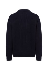 Gebreide trui in donker blauw met een ribbelstructuur, ronde hals, lange mouwen en rechte onderrand. Eenvoudig ontwerp geschik voor informele kleding.