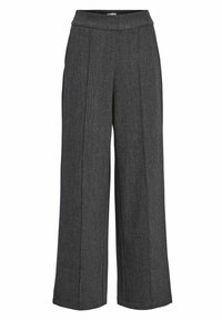 Pantalons à jambes larges en gris foncé, dotés d'un tissu texturé, d'une taille élastique et de plis avant pour plus de structure.