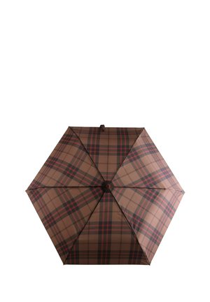 Parapluie à carreaux marron présentant un design octogonal avec des accents vert foncé et rouge, un bouton central et une texture de tissu lisse.