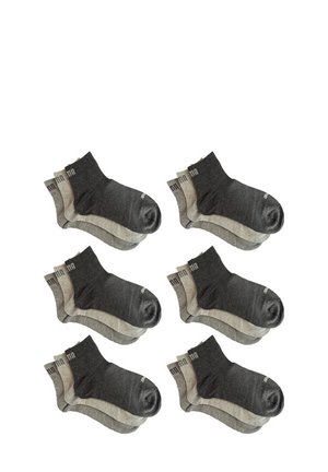 Sechs Paar Knöchelsocken in dunkelgrau und hellgrau, mit glatter Textur und kontrastierenden Farbbändern am Bund.