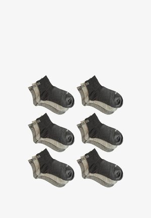Sechs Paar Knöchelsocken in dunkelgrau und hellgrau, mit glatter Textur und kontrastierenden Farbbändern am Bund.