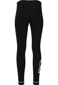 Leggings sportivi neri con vita alta, texture liscia, dettaglio riflettente all'orlo e logo bianco sul lato.