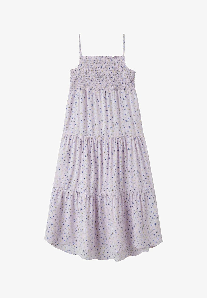 Robe midi sans manches de couleur violet clair avec fines bretelles, corsage froncé et motif floral discret bleu et jaune sur toute la surface.
