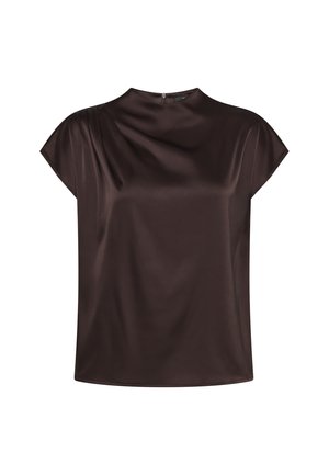 Dark brown satin short-sleeve blouse with slight draping near the shoulder and a small back zipper closure.