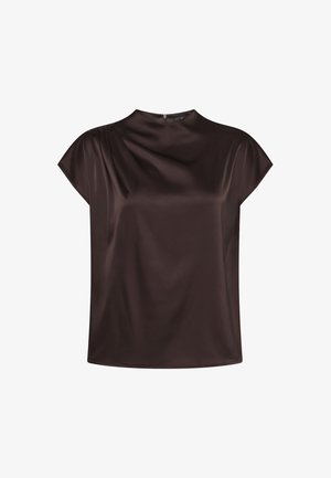Dark brown satin short-sleeve blouse with slight draping near the shoulder and a small back zipper closure.