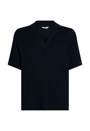 Marineblauwe short-sleeve pullover met een V-hals, geribbelde textuur en effen kleur. Heeft een subtiele logo-accent op de manchette van de mouw.