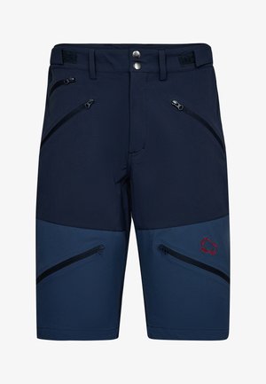 Marineblå shorts med et farveblokeringsdesign, der har mørkere marineblå og lysere blå sektioner. Udstyret med flere lynlåslommer og rødt logo.