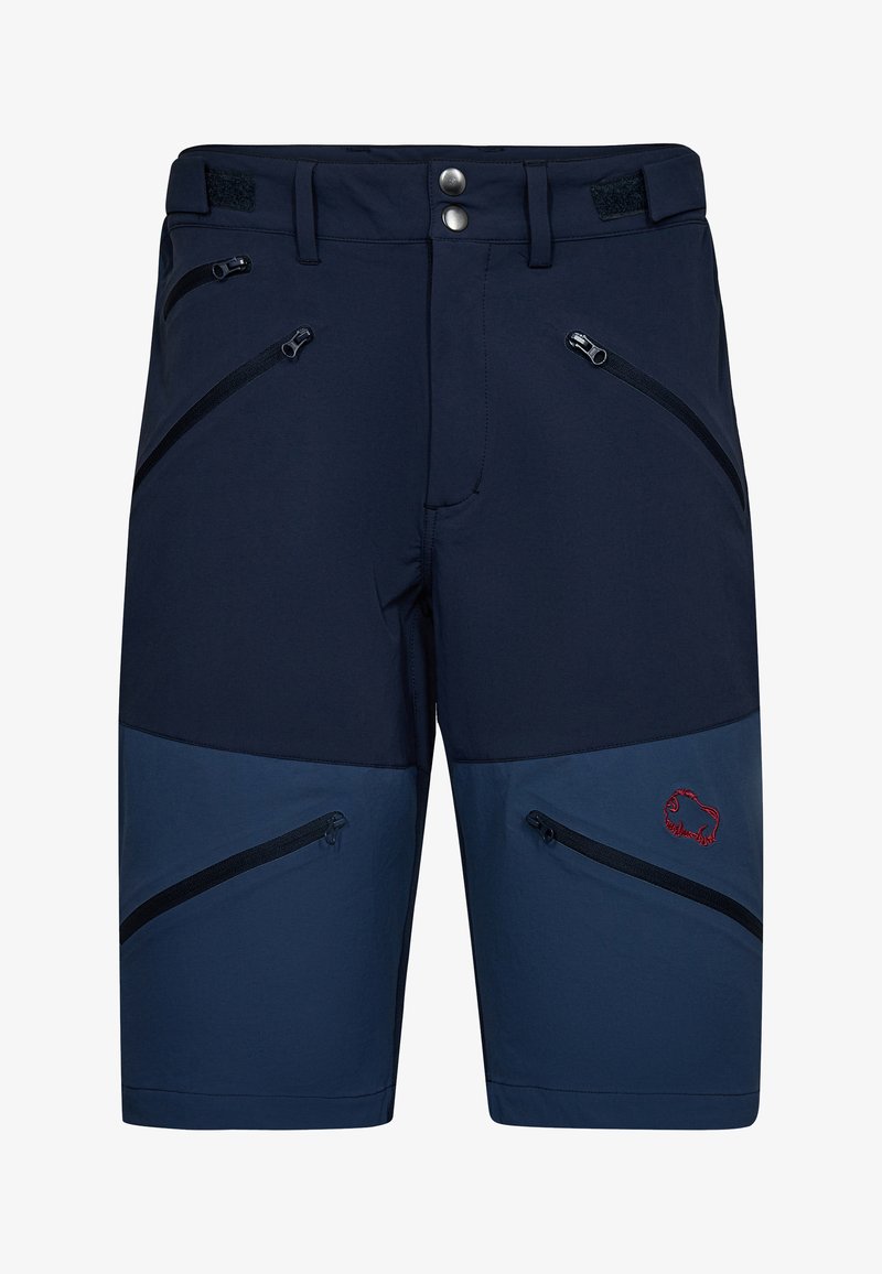 Marineblå shorts med et farveblokeringsdesign, der har mørkere marineblå og lysere blå sektioner. Udstyret med flere lynlåslommer og rødt logo.