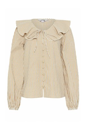Blusa a maniche lunghe beige e bianca a quadretti con colletto arricciato, chiusura frontale con bottoni e coulisse al collo.
