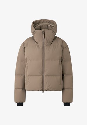 Taupe gewatteerd jack met gewatteerde capuchon, ritssluiting aan de voorkant, twee zijzakken en zwarte polsboorden, ontworpen voor koud weer.