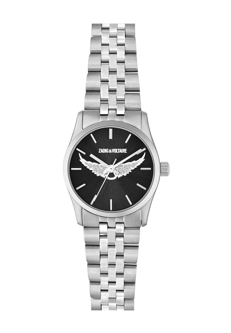 Srebrny zegarek metalowy z okrągłą kopertą, czarną teksturowaną tarczą, srebrnym detalem skrzydła i pasującym bransoletą z metalowych ogniw. Posiada znaczniki godzinowe oraz wskazówki.