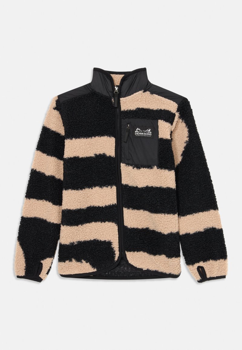 Beež ja must triibuline fliisjakker täis tõmblukuga, kõrge krae, rindkoti tasku Didriksons logo ja pöidlaavad varrukatel.