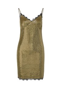 Goldene Pailletten-Glitzerkleid mit schwarzem Spitzenbesatz am Ausschnitt und Saum, mit dünnen Spaghettiträgern und einer figurbetonten Silhouette.