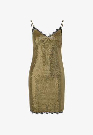 Robe de soirée en sequins dorés avec des bordures en dentelle noire au niveau du décolleté et de l'ourlet, présentant des bretelles spaghetti fines et une silhouette ajustée.