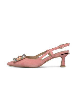 Sandalo slingback in camoscio rosa con tacco kitten, punta affilata e grande fibbia decorativa con pietre multicolore sulla tomaia.