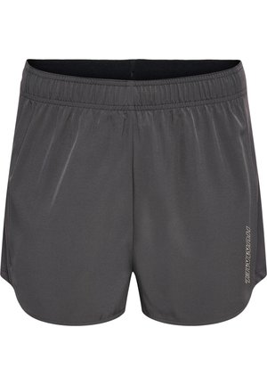 Grau sportliche Shorts aus leichtem, glattem Material. Mit einem elastischen Taillenbund und einem aufgedruckten Logo an der Seite.
