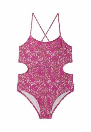 Bañador rosa de una pieza con flores, con recortes en los laterales y finas tiras cruzadas en los hombros.