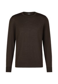 Dunkelbrauner, langärmeliger Rundhalsausschnitt-Pullover für Herren mit gerippten Bündchen und Saum, auf einem weißen Hintergrund präsentiert.