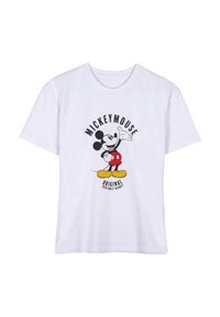 White cotton t-shirt featuring a black and red graphic of Mickey Mouse with yellow shoes, and text "MICKEY MOUSE" and "ORIGINAL" below.