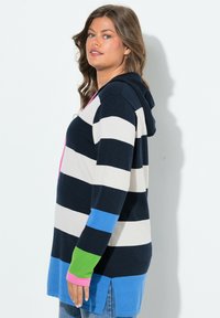 Vrouw met golvend haar, gekleed in een marineblauwe, witte, blauwe, groene en roze gestreepte capuchontrui, staande in profiel tegen een witte achtergrond.