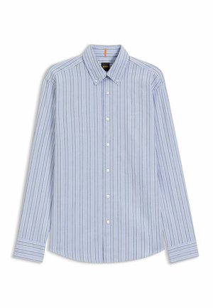 Light blue button-up shirt with vertical stripes, featuring a classic collar, long sleeves, and subtle logo on the chest.
