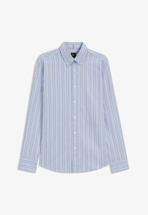 Light blue button-up shirt with vertical stripes, featuring a classic collar, long sleeves, and subtle logo on the chest.