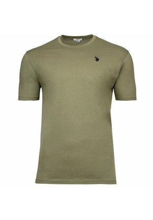 Olivgrünes Kurzarm-T-Shirt aus weichem Baumwollmaterial, mit rundem Ausschnitt und kleinem schwarzem Logo auf der linken Brust.