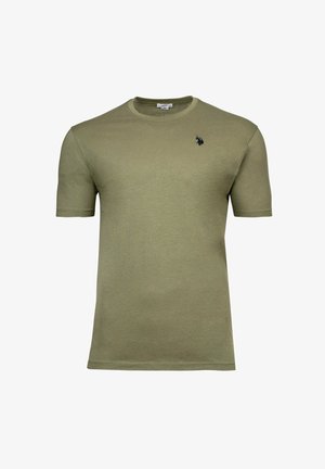 Olivgrünes Kurzarm-T-Shirt aus weichem Baumwollmaterial, mit rundem Ausschnitt und kleinem schwarzem Logo auf der linken Brust.