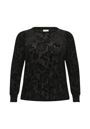 Schwarze Bluse mit langen Ärmeln und strukturiertem Blumenmuster, runder Ausschnitt und weichem Stoff. Beinhaltet einen subtilen Glanz und geraffte Ärmel.