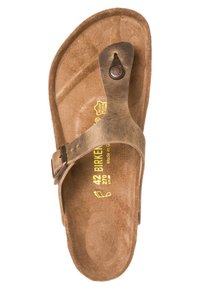 Brune lædersandal med en tekstureret indersål, tåpostdesign og justerbar rem med en bronze spænde. Mærket med størrelse 42.