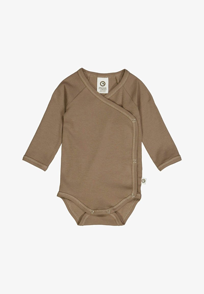 Combinaison en jersey brun à manches longues avec un design enveloppant et des fermetures à pression. Fabriquée en tissu côtelé, avec une étiquette arborant un logo circulaire.