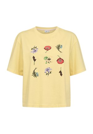 Žluté krátké tričko s krátkým rukávem, na přední straně s devíti vyšívanými barevnými květinami uspořádanými v mřížce 3x3.