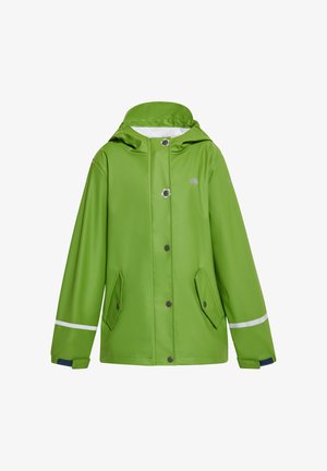 Zielona wodoodporna kurtka przeciwdeszczowa z kapturem, dwoma przednimi kieszeniami, srebrnymi akcentami, zapięciem na napy oraz białymi odblaskowymi paskami na rękawach.