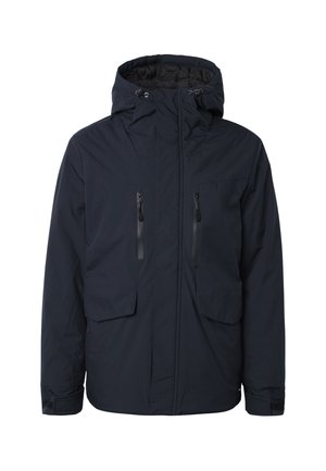 Jachetă de iarnă izolată, de culoare bleumarin, cu glugă, două buzunare verticale cu fermoar pe piept și două buzunare cu clapetă în față.