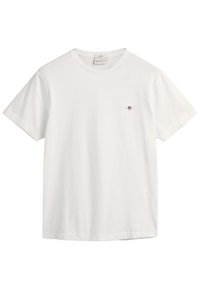 Hvid bomulds T-shirt med rund hals og korte ærmer, med et lille broderet logo på venstre bryst. Glat tekstur.