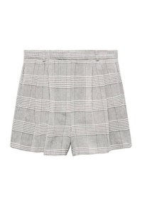 Shorts plissés à carreaux gris et blancs avec passants pour ceinture, coupe ajustée et taille structurée.