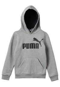 Grå huvtröja med framficka i kengurustil, svart logotyp med "PUMA" och en hoppande katt, tillverkad av mjukt, texturerat tyg.