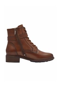 Bottines en cuir marron avec un bout rond, un laçage à l'avant et une fermeture éclair sur le côté. Comprend un talon empilé et des détails texturés.