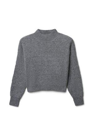 Maglione grigio lavorato a maglia con collo alto, maniche lunghe e orlo corto. Il tessuto testurizzato presenta un motivo sottile su tutta la superficie.