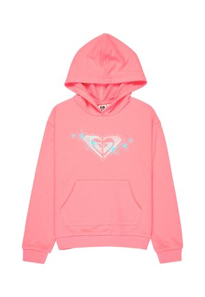 Sweat à capuche rose avec poche avant, accents floraux bleus et logo blanc en forme de cœur sur la poitrine, doté de manches longues et d'une capuche.
