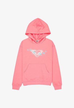 Roze hoodie met voorzak, blauwe bloemmotieven en wit hartvormig logo op de borst, met lange mouwen en een capuchon.