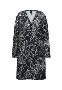 Cardigan bleu marine avec un décolleté en V structuré, présentant un motif floral blanc en ligne. Manches longues et un détail de bouton noir unique à l'avant.