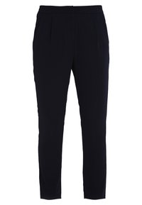 Navy slim-fit broek van lichtgewicht stof, met plooien aan de voorkant en een gladde textuur. Enkel lengte met een minimalistisch ontwerp.