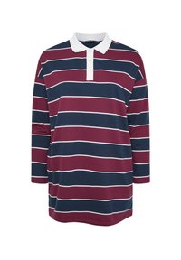 Herren Langarm-Polohemd in Bordeaux, Marineblau und weißen Streifen, mit einem weißen Kragen und einer Knopfleiste mit drei Knöpfen. Aus Baumwollmaterial.