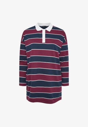 Męska koszulka polo z długim rękawem w kolorze bordowym, granatowym i białe paski, z białym kołnierzykiem i trzema guzikami. Materiał bawełniany.
