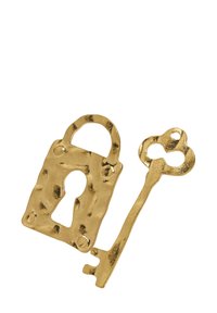 Złoty metalowy zamek z kluczem, o teksturowanym wykończeniu i klasycznym kształcie. Zamek posiada owalny otwór na klucz oraz okrągłą główkę klucza.